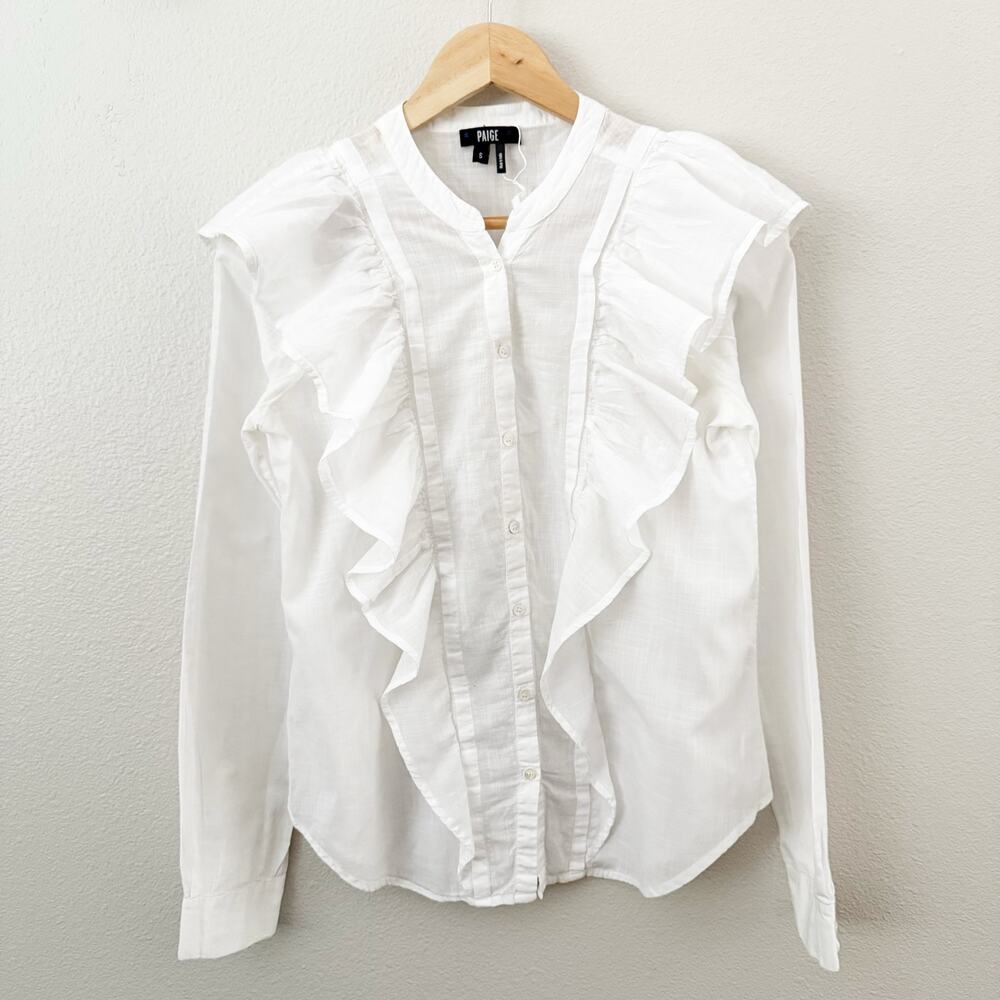 PAIGE | White Farren Ruffle Blouse Front Back Long Sleeve Button Down | Small